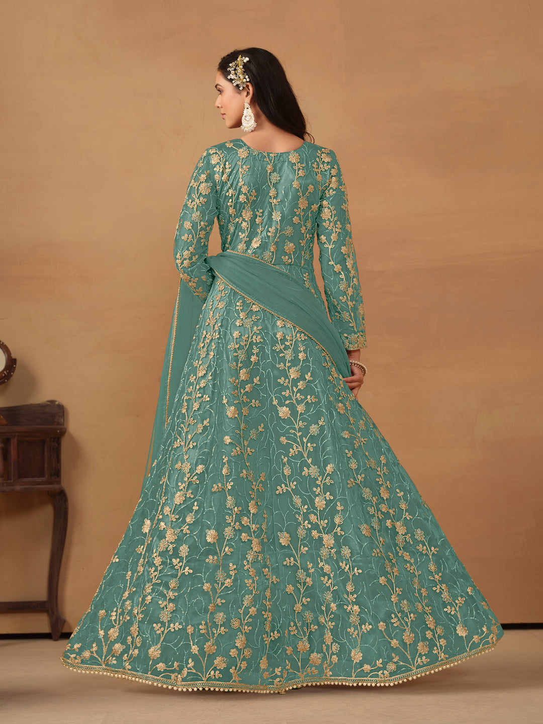 Elegant Net Anarkali Suit with Golden Embroidery and Dupatta