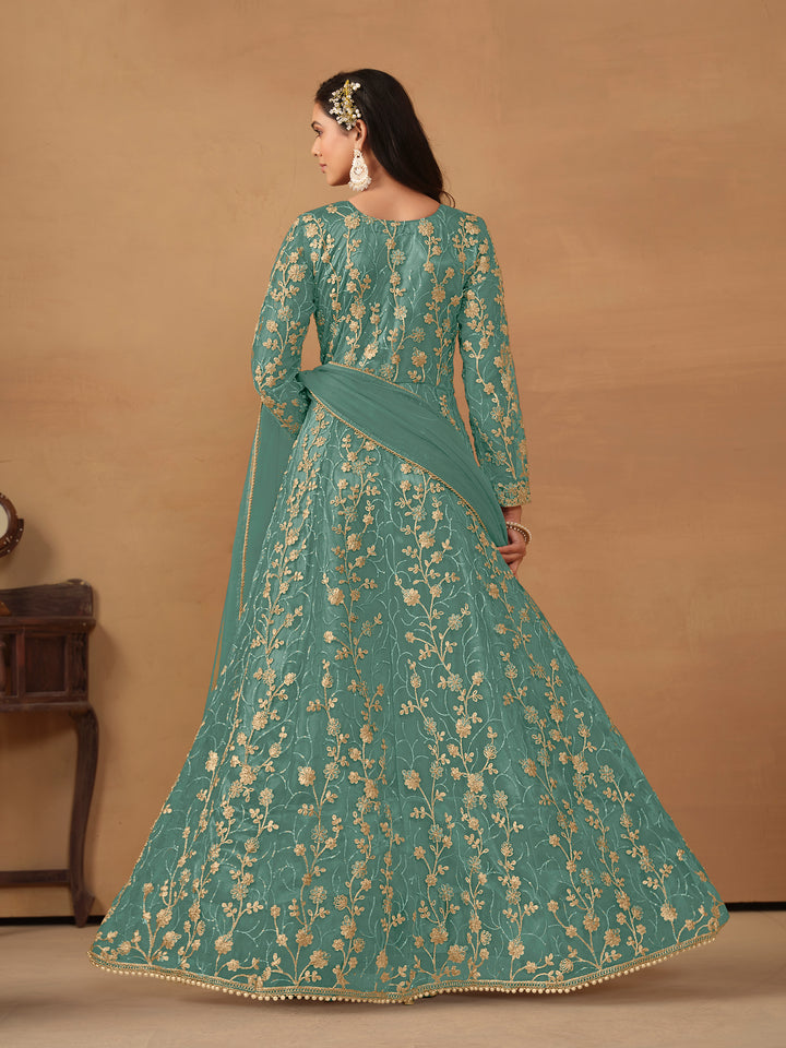 Elegant Net Anarkali Suit with Golden Embroidery and Dupatta