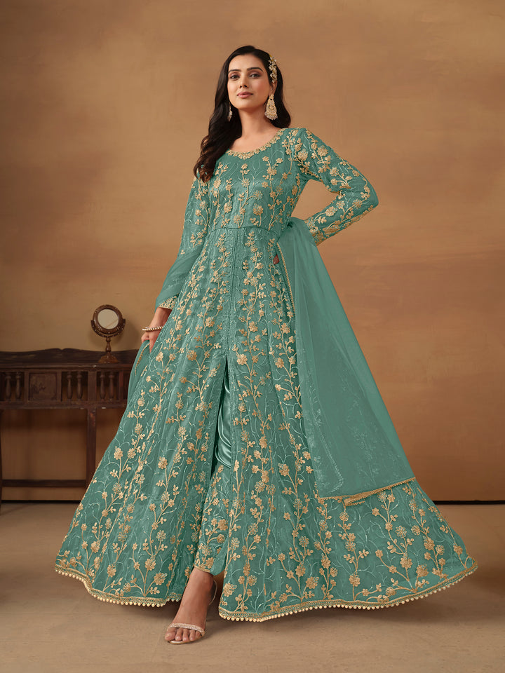 Elegant Net Anarkali Suit with Golden Embroidery and Dupatta