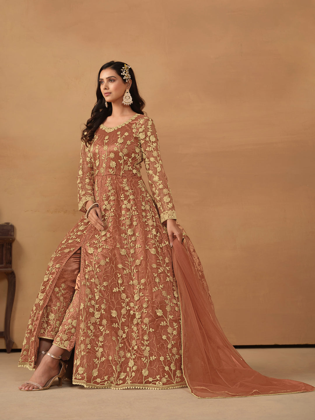 Elegant Net Anarkali Suit with Golden Embroidery and Dupatta