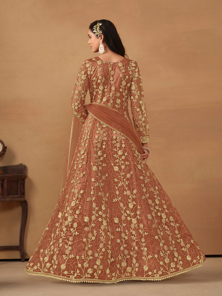 Elegant Net Anarkali Suit with Golden Embroidery and Dupatta