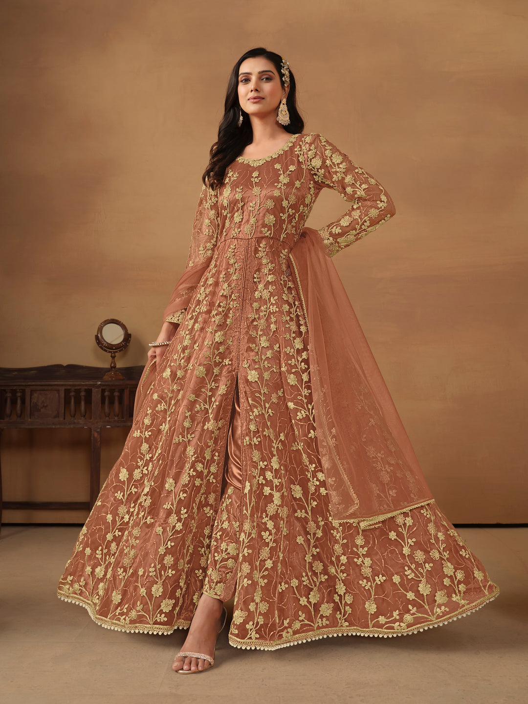 Elegant Net Anarkali Suit with Golden Embroidery and Dupatta