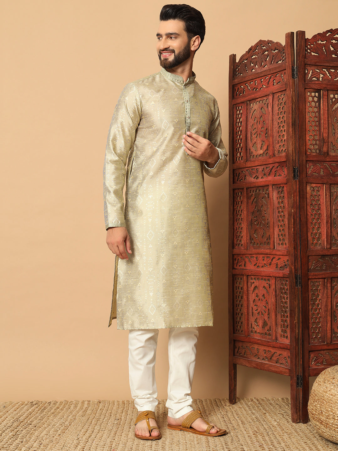 Silk Kurta & White Pajama | Designer Embroidery with Mirror Work