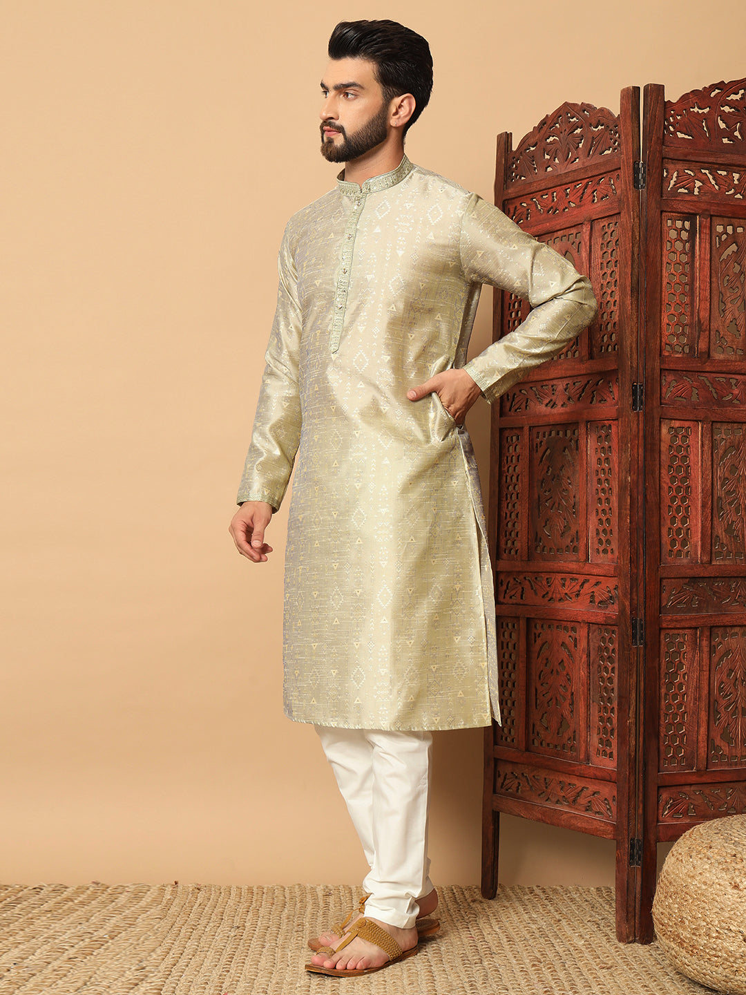 Silk Kurta & White Pajama | Designer Embroidery with Mirror Work