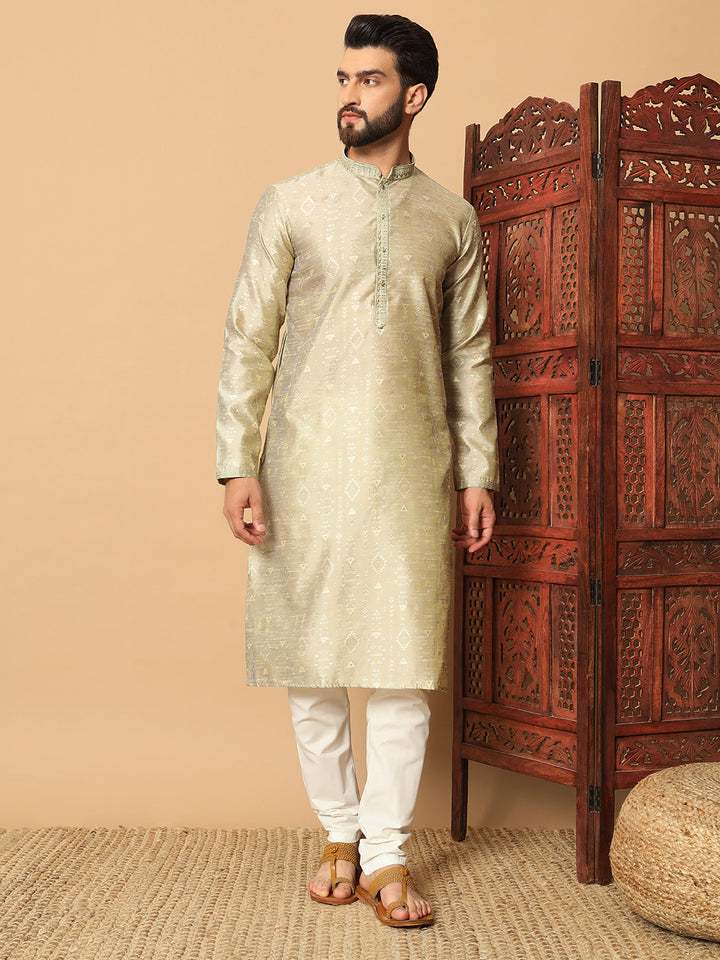 Silk Kurta & White Pajama | Designer Embroidery with Mirror Work