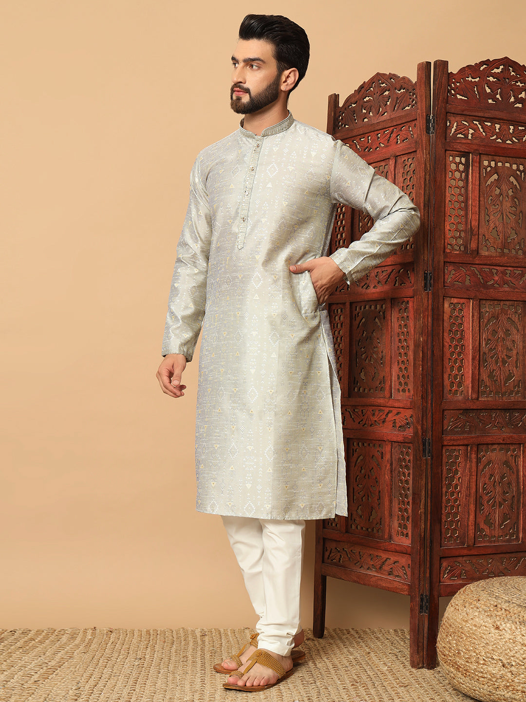 Silk Kurta & White Pajama | Designer Embroidery with Mirror Work