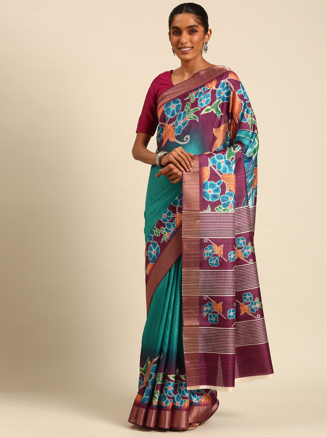 Elegant Rama cotton Saree with Maroon Blouse | Perfect for Special Celebrations