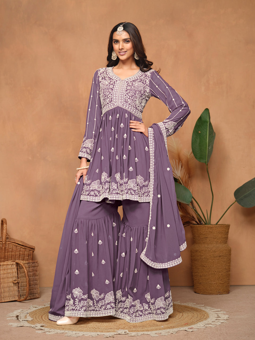 Elegant Faux Georgette Palazzo Set with Intricate White Embroidery and Matching Dupatta