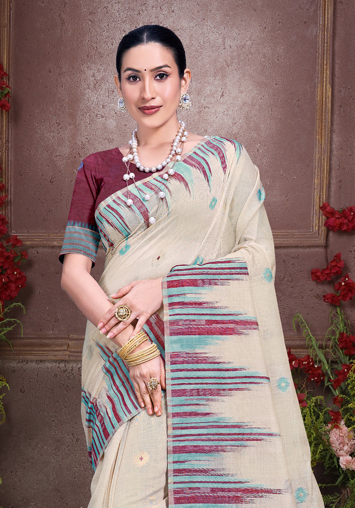 Sophisticated off white Cotton Saree with | A Graceful Addition to Your Wardrobe