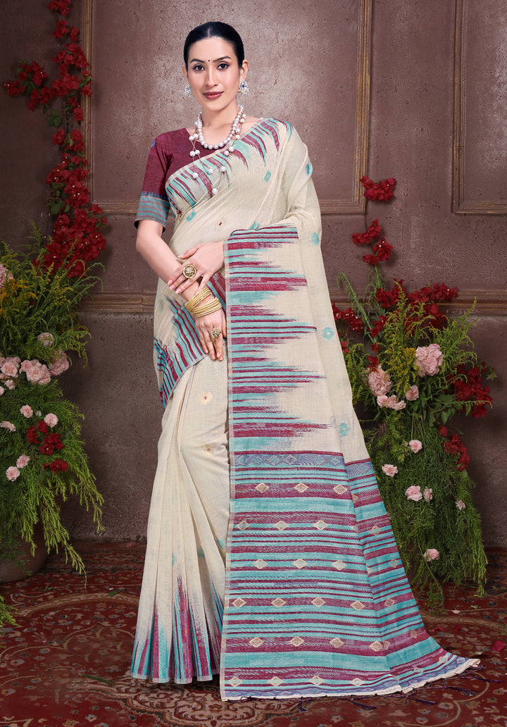 Sophisticated off white Cotton Saree with | A Graceful Addition to Your Wardrobe