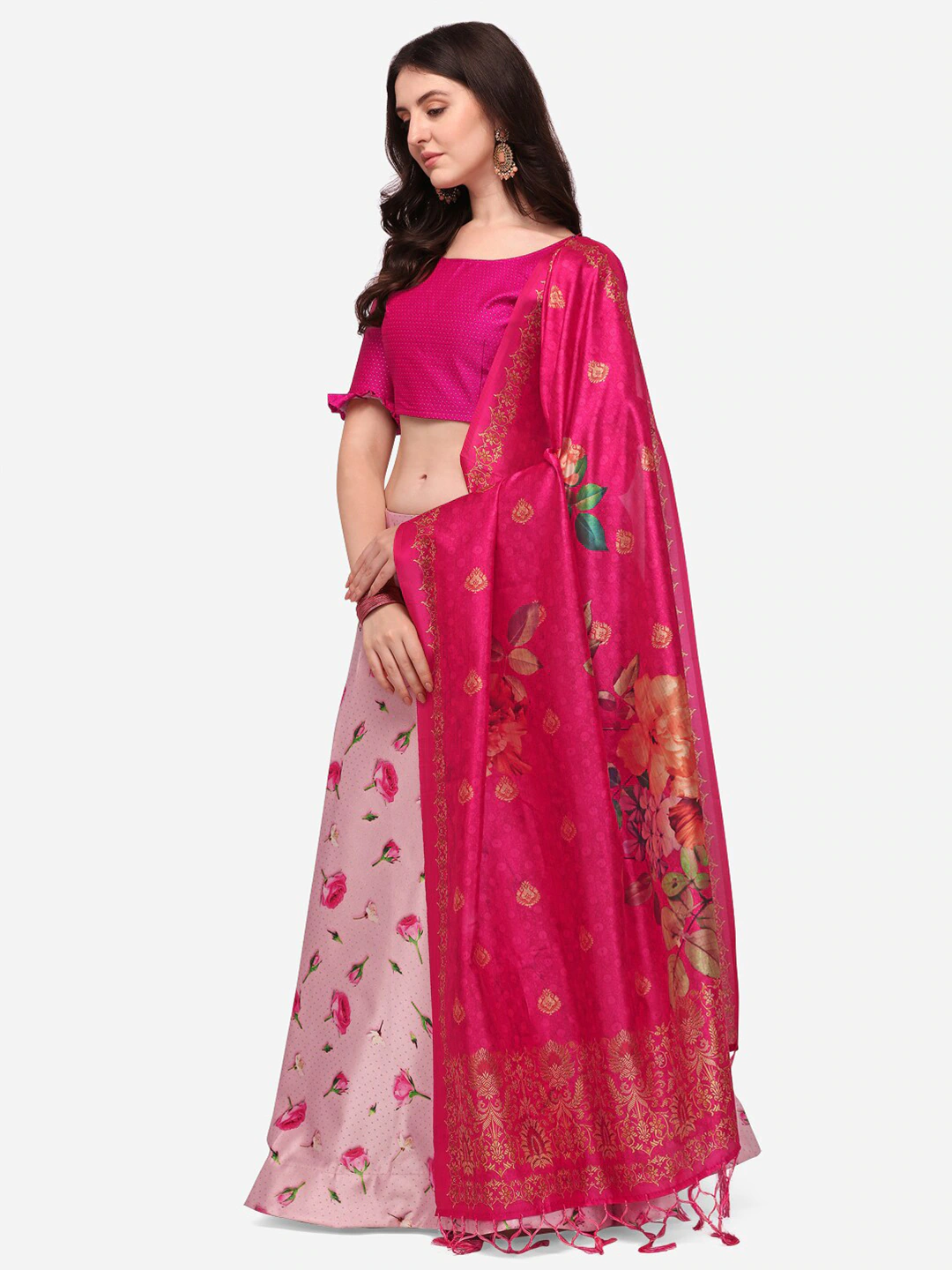 Pink Silk Lehenga | Silk Top & Satin Bottom with Digital-Printed Work