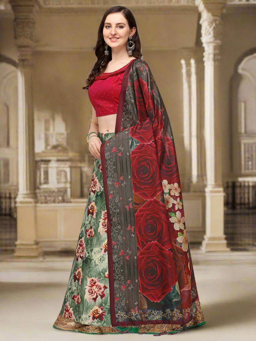 Elegant Green Lehenga | Silk Top & Satin Bottom with Exquisite Digital Prints