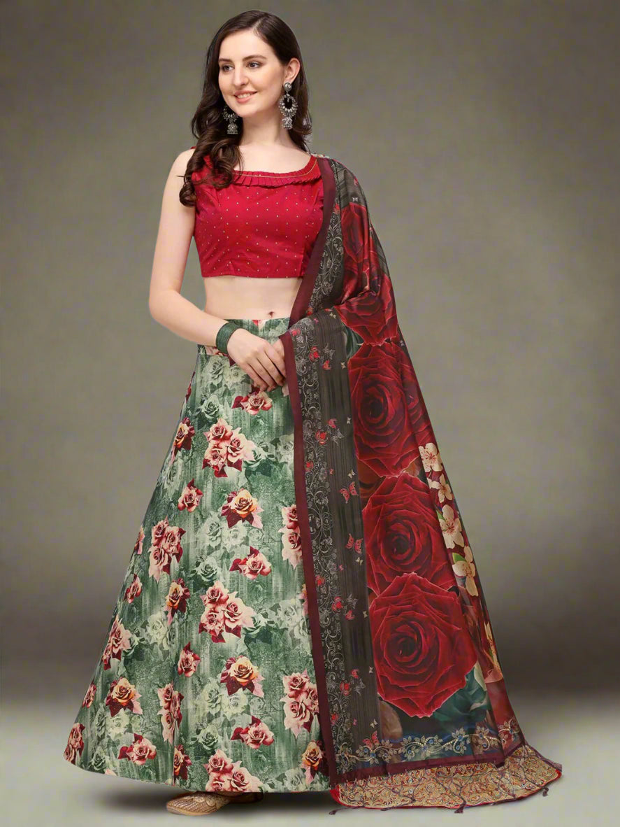 Elegant Green Lehenga | Silk Top & Satin Bottom with Exquisite Digital Prints