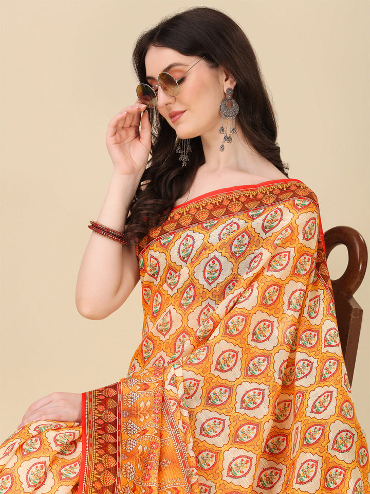 Designer Linen Saree with Digital Motif Print & Crochet Lining | Festive Wear