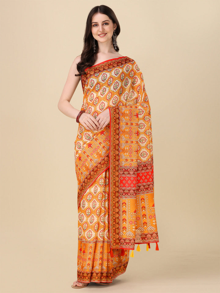 Designer Linen Saree with Digital Motif Print & Crochet Lining | Festive Wear