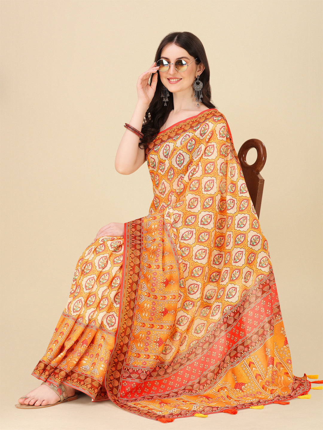 Designer Linen Saree with Digital Motif Print & Crochet Lining | Festive Wear