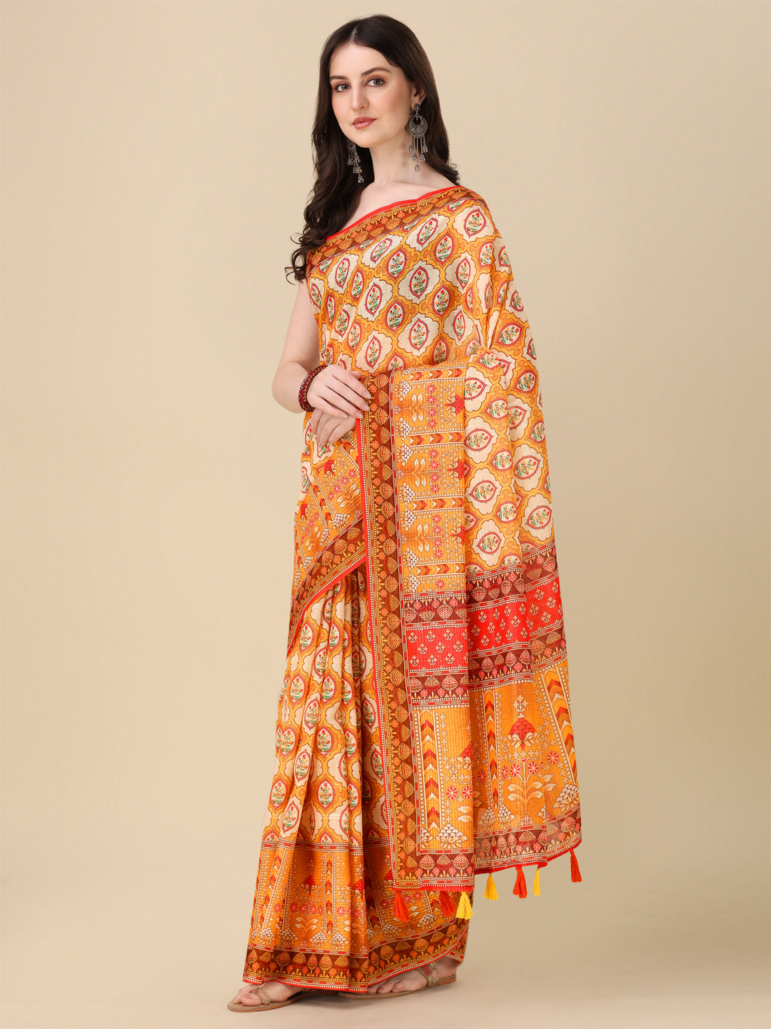 Designer Linen Saree with Digital Motif Print & Crochet Lining | Festive Wear