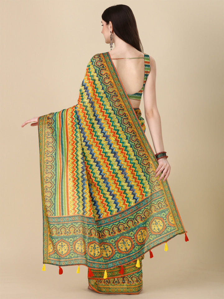 Designer Linen Saree with Digital Motifs | Crochet Lining & Tussle Work