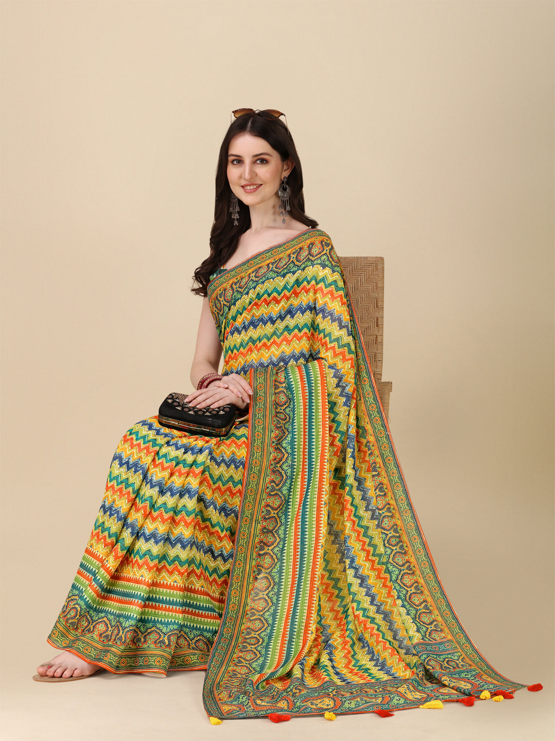 Designer Linen Saree with Digital Motifs | Crochet Lining & Tussle Work