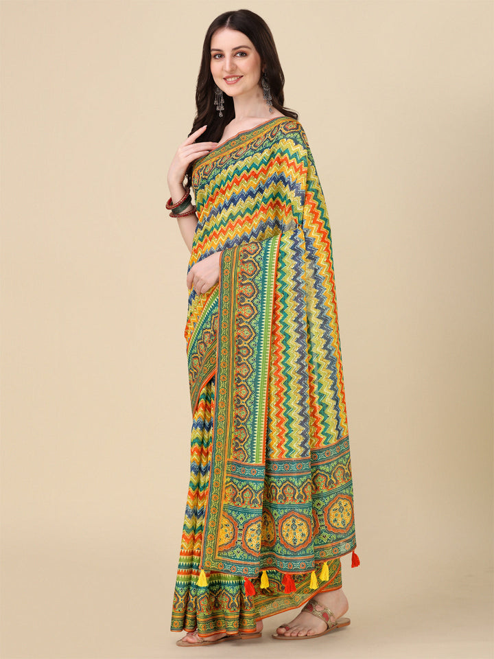 Designer Linen Saree with Digital Motifs | Crochet Lining & Tussle Work