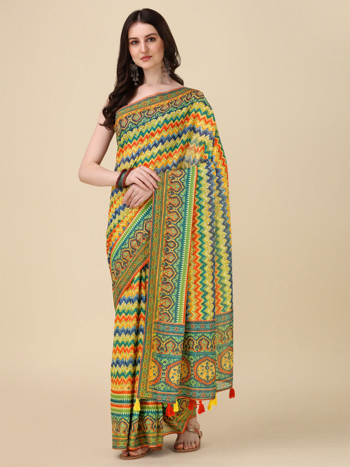 Designer Linen Saree with Digital Motifs | Crochet Lining & Tussle Work