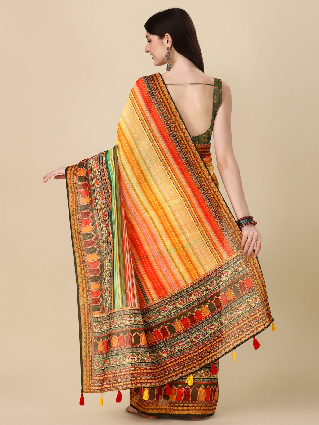 Designer Linen Saree with Digital Motif Print & Crochet Detailing | Ideal for Weddings & Festive Occasions