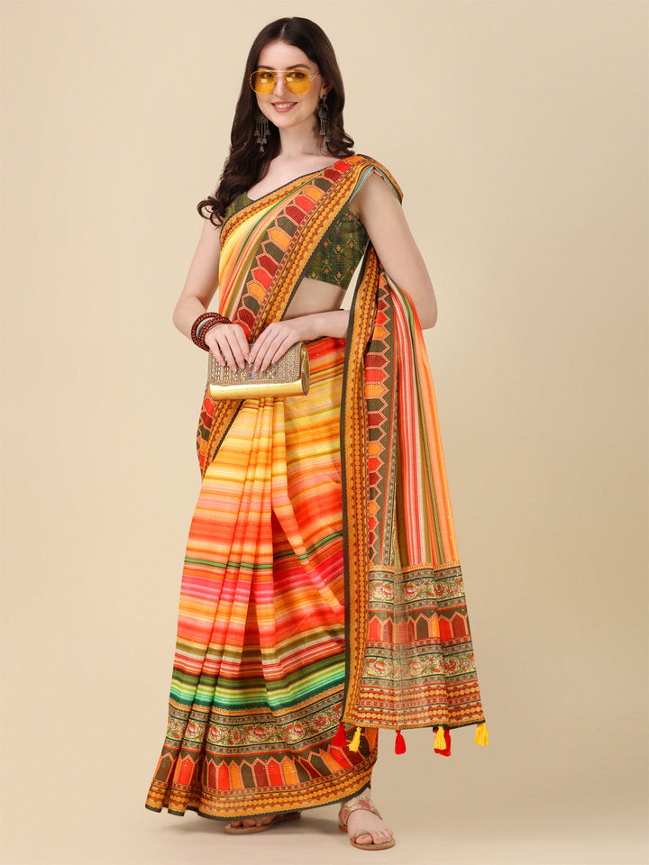 Designer Linen Saree with Digital Motif Print & Crochet Detailing | Ideal for Weddings & Festive Occasions