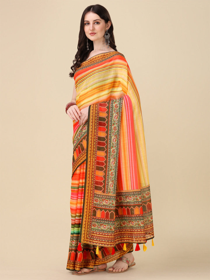 Designer Linen Saree with Digital Motif Print & Crochet Detailing | Ideal for Weddings & Festive Occasions