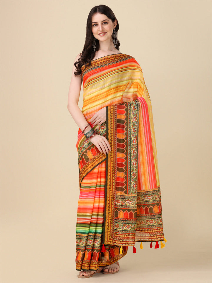 Designer Linen Saree with Digital Motif Print & Crochet Detailing | Ideal for Weddings & Festive Occasions