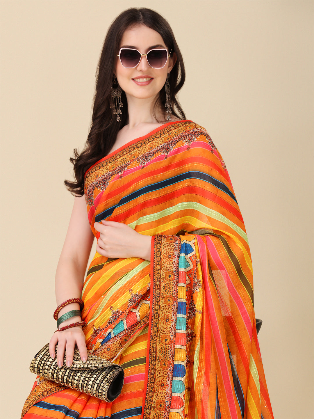 Designer Linen Saree with Digital Motifs & Crochet Lining | Special Event Wear