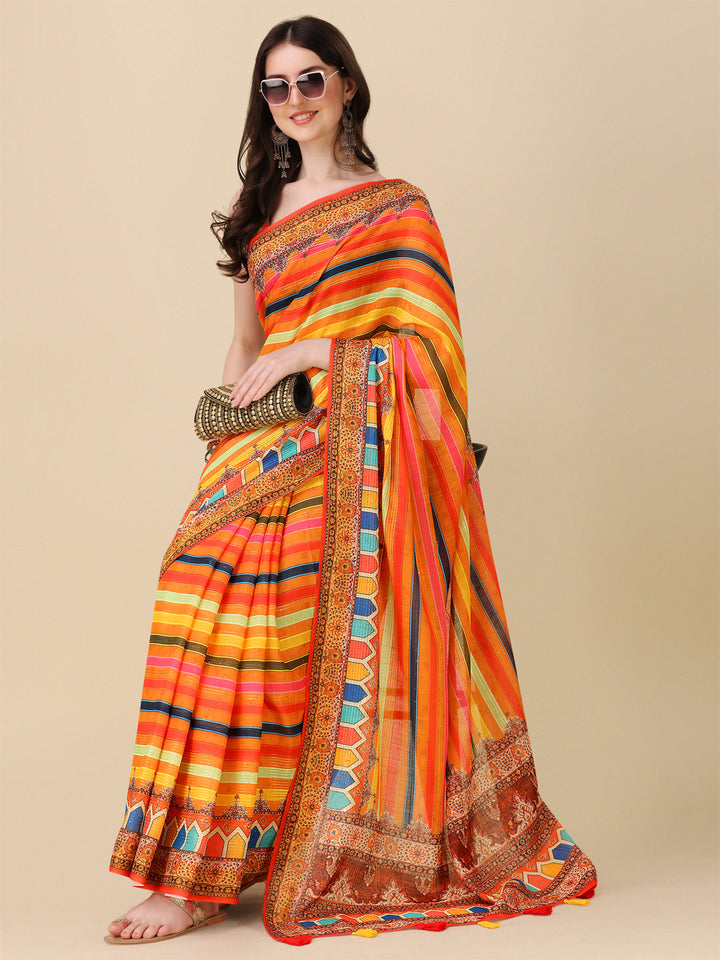 Designer Linen Saree with Digital Motifs & Crochet Lining | Special Event Wear