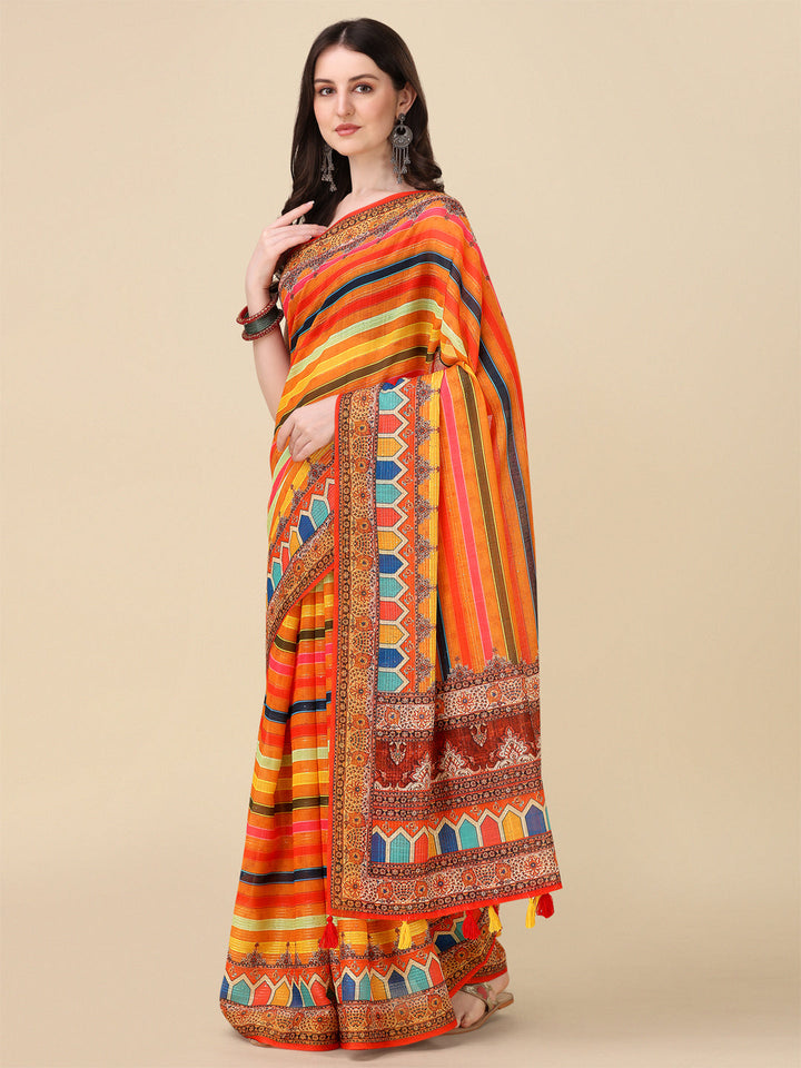 Designer Linen Saree with Digital Motifs & Crochet Lining | Special Event Wear