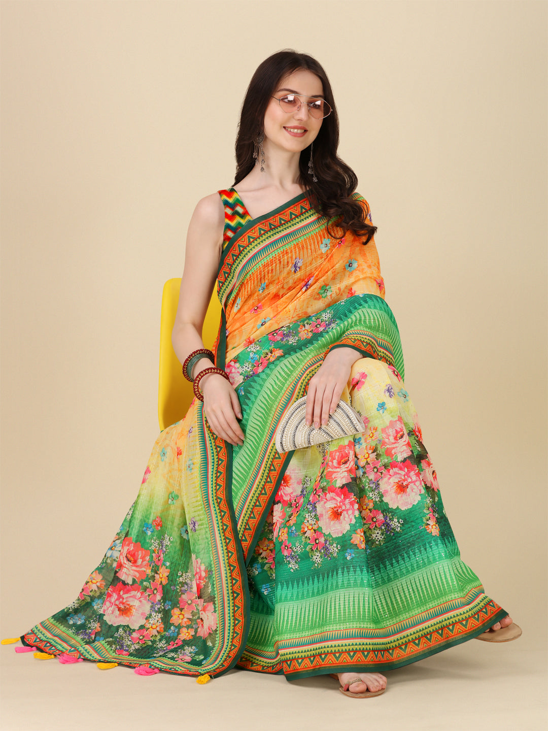 Designer Digital Motif Printed Linen Saree | Crochet & Tussle Work for Events