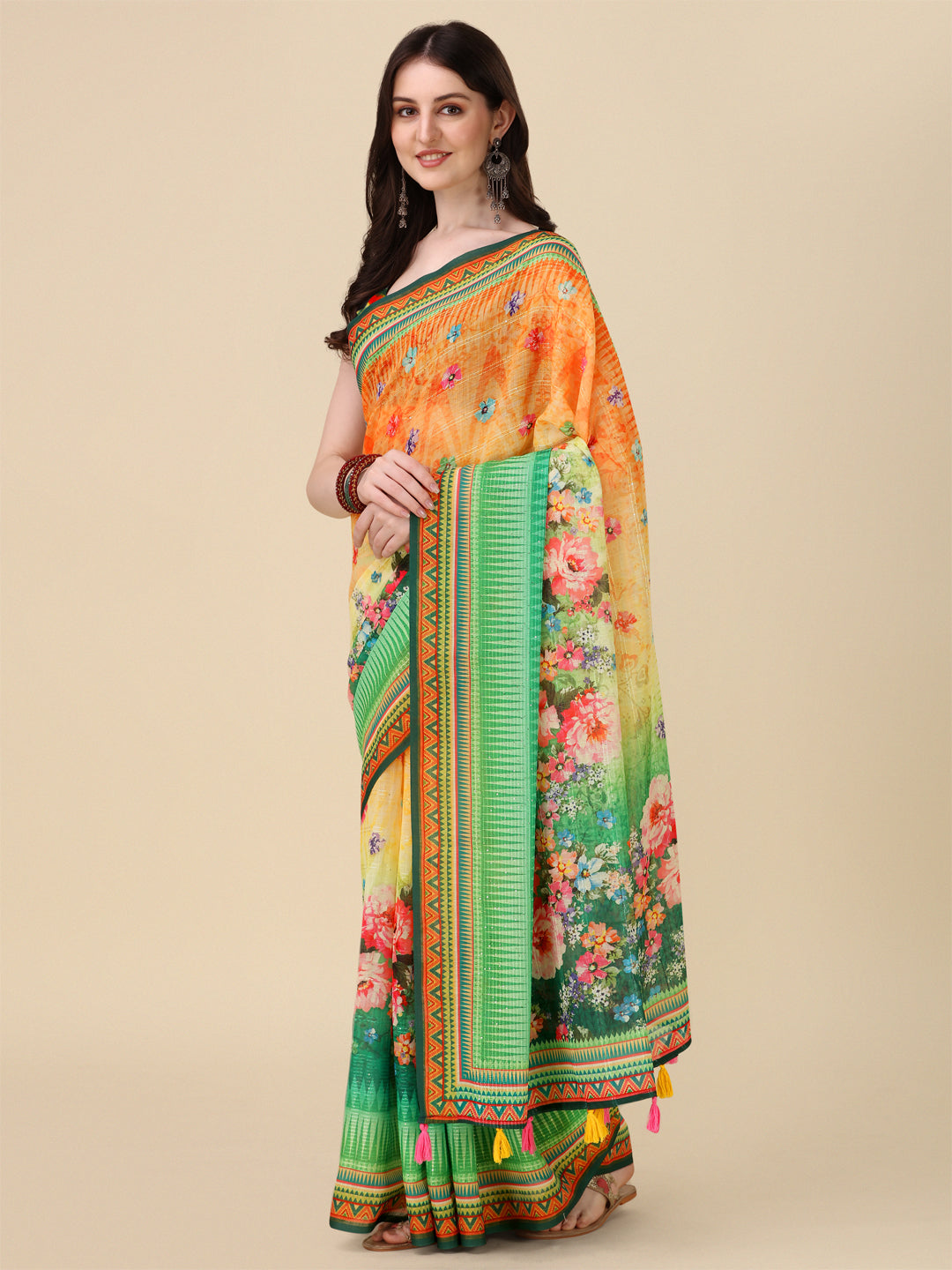 Designer Digital Motif Printed Linen Saree | Crochet & Tussle Work for Events