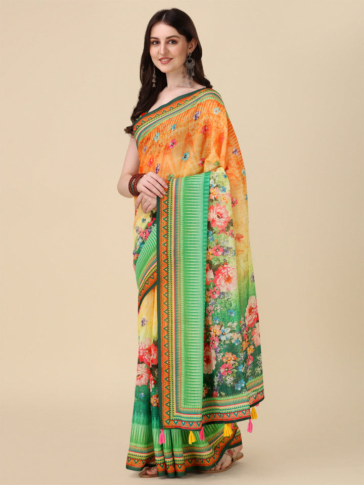 Designer Digital Motif Printed Linen Saree | Crochet & Tussle Work for Events