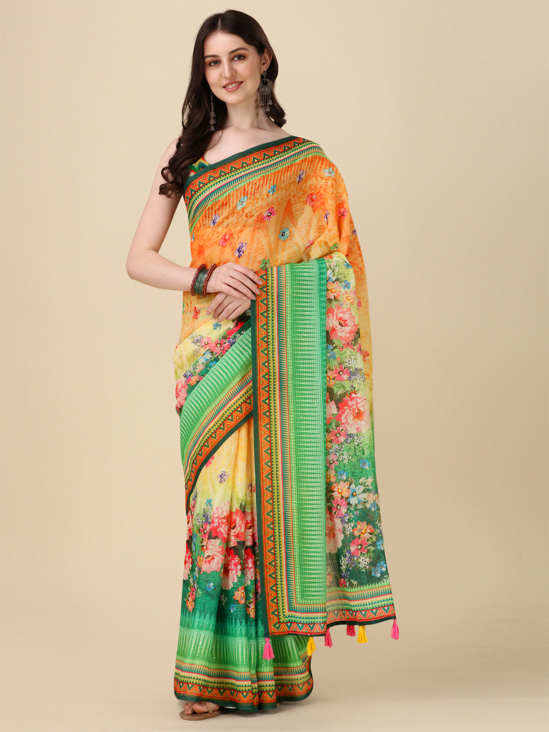 Designer Digital Motif Printed Linen Saree | Crochet & Tussle Work for Events