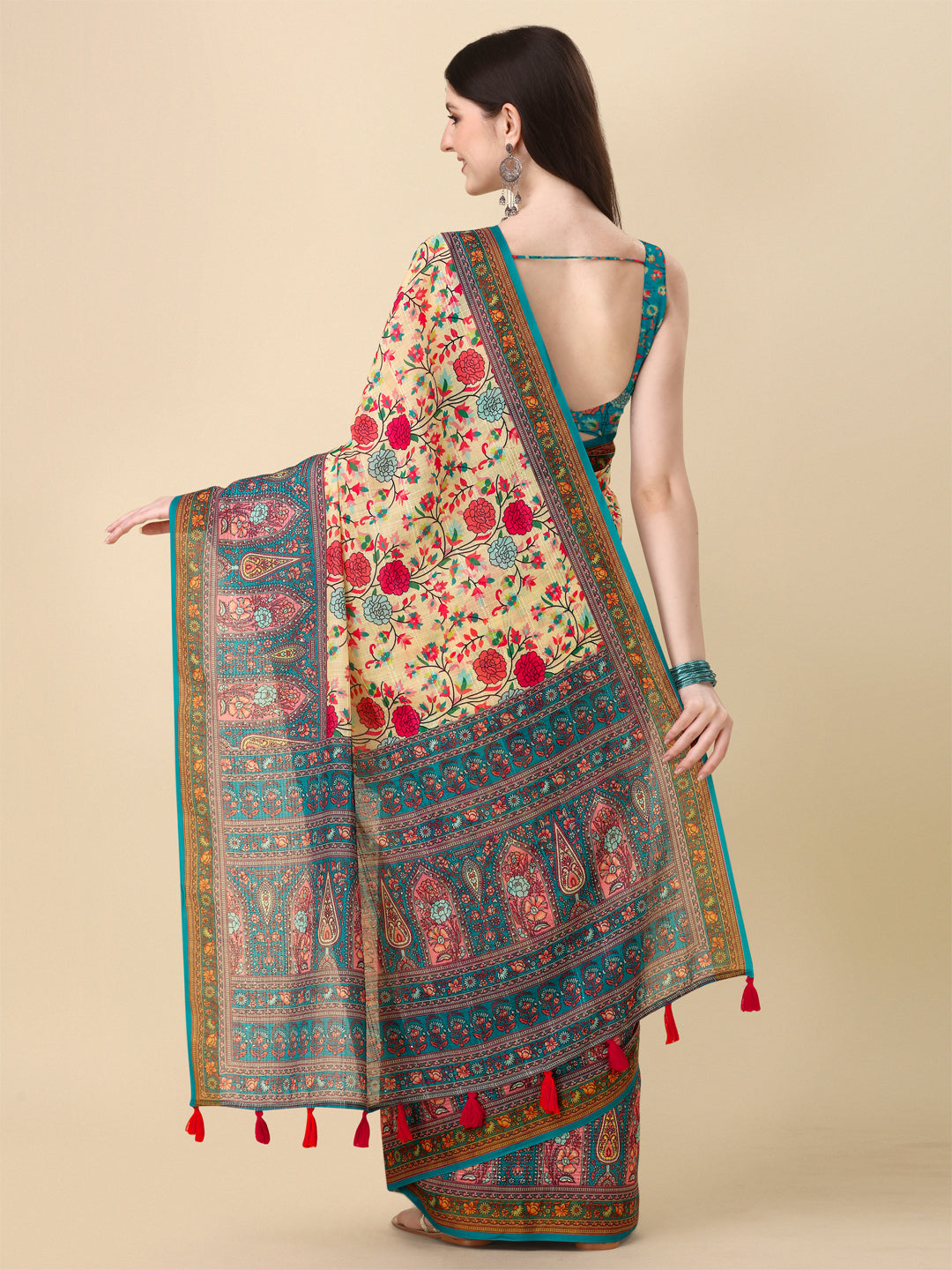 Designer Linen Saree with Digital Motif Print & Crochet Lining | Special Event Ready