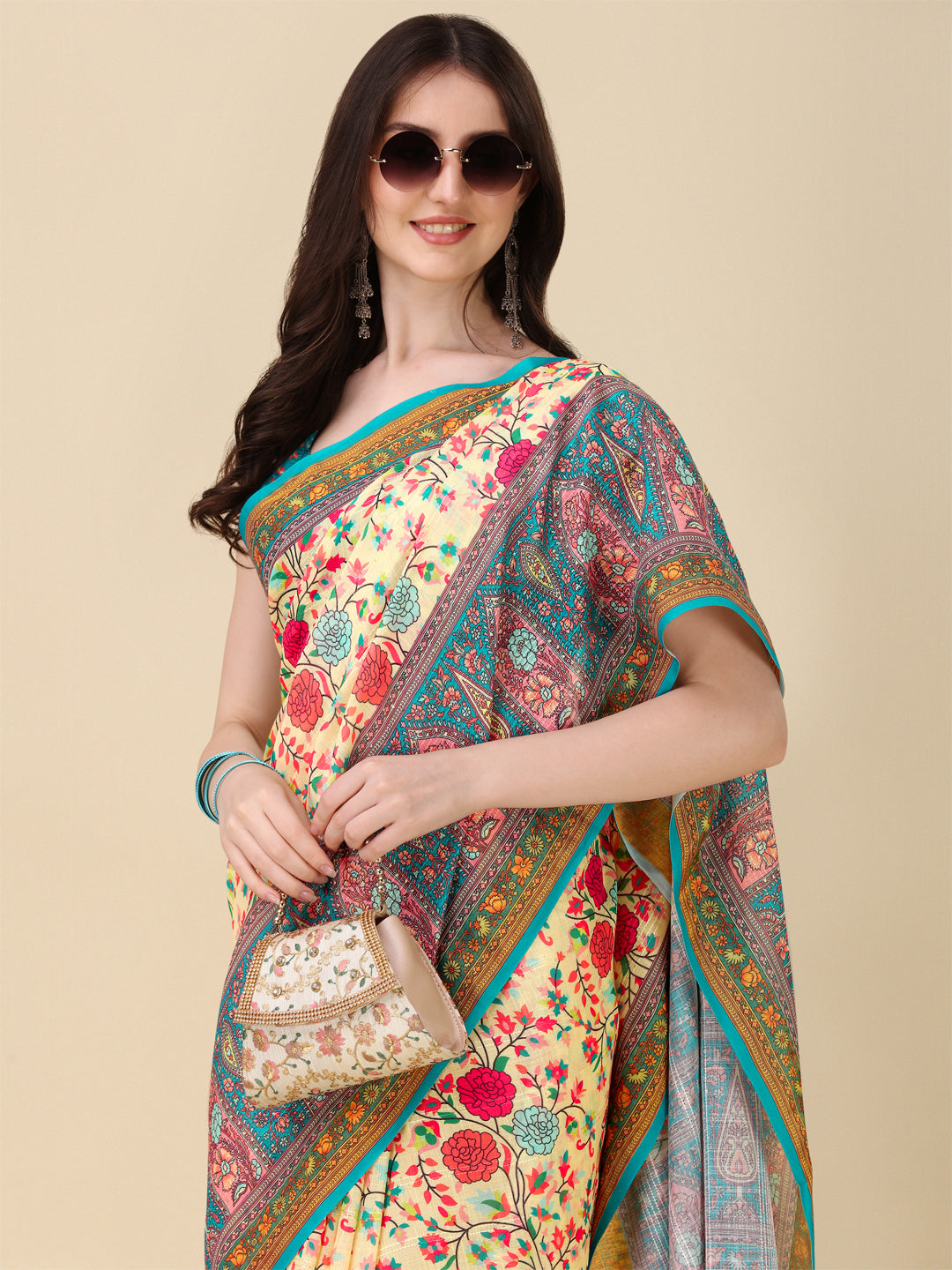 Designer Linen Saree with Digital Motif Print & Crochet Lining | Special Event Ready