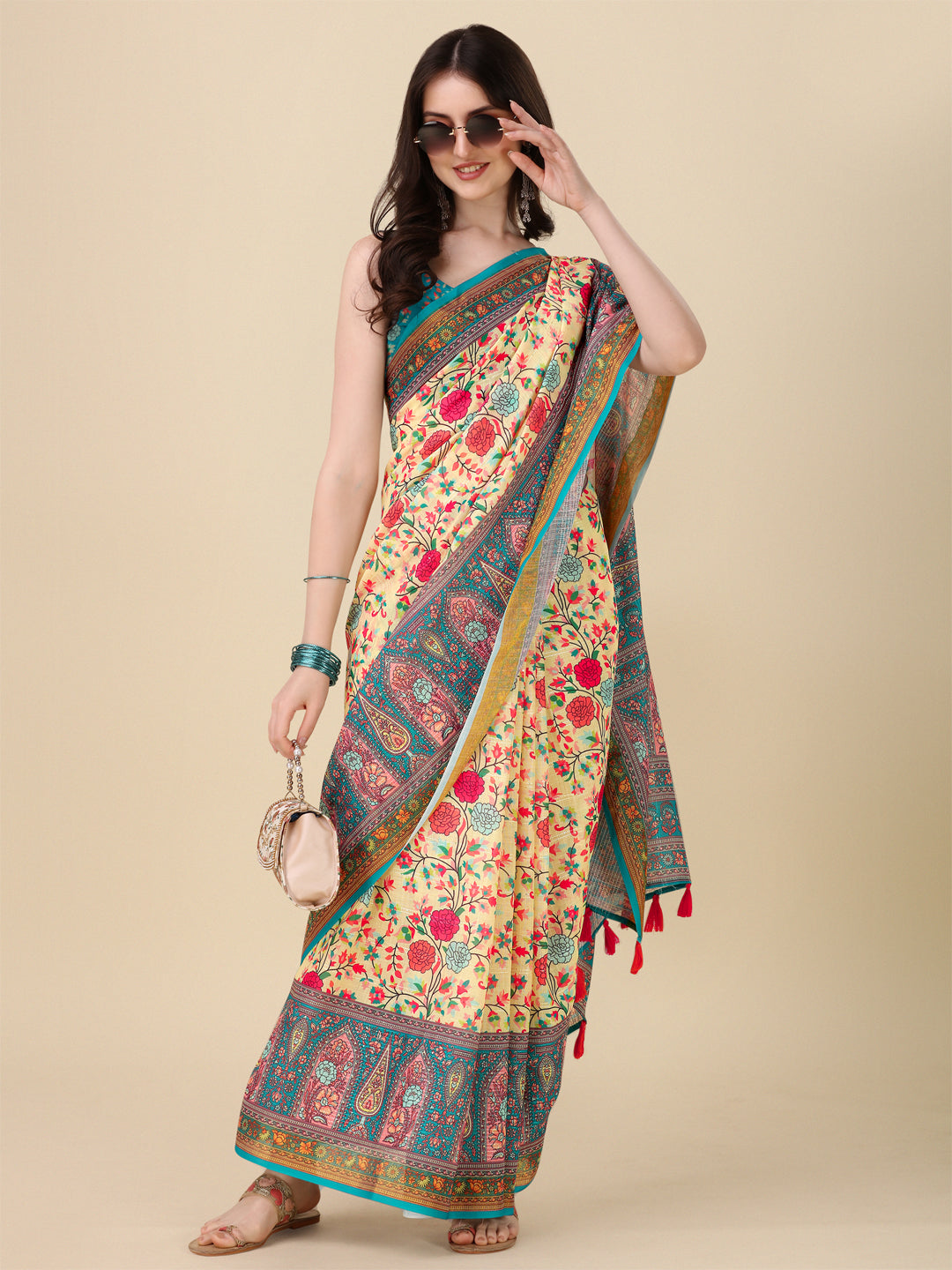 Designer Linen Saree with Digital Motif Print & Crochet Lining | Special Event Ready