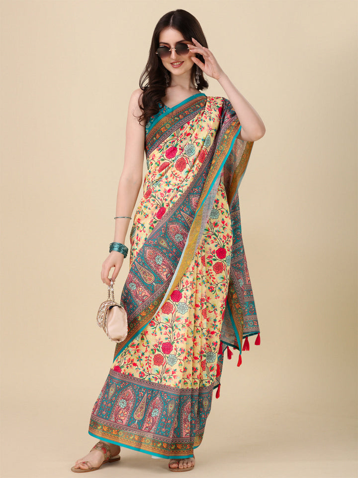 Designer Linen Saree with Digital Motif Print & Crochet Lining | Special Event Ready