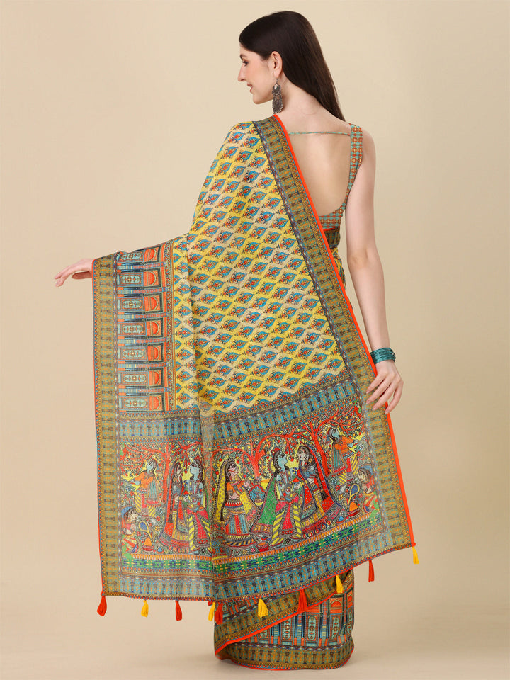 Designer Linen Saree with Digital Motif Print | Crochet & Tussle Work