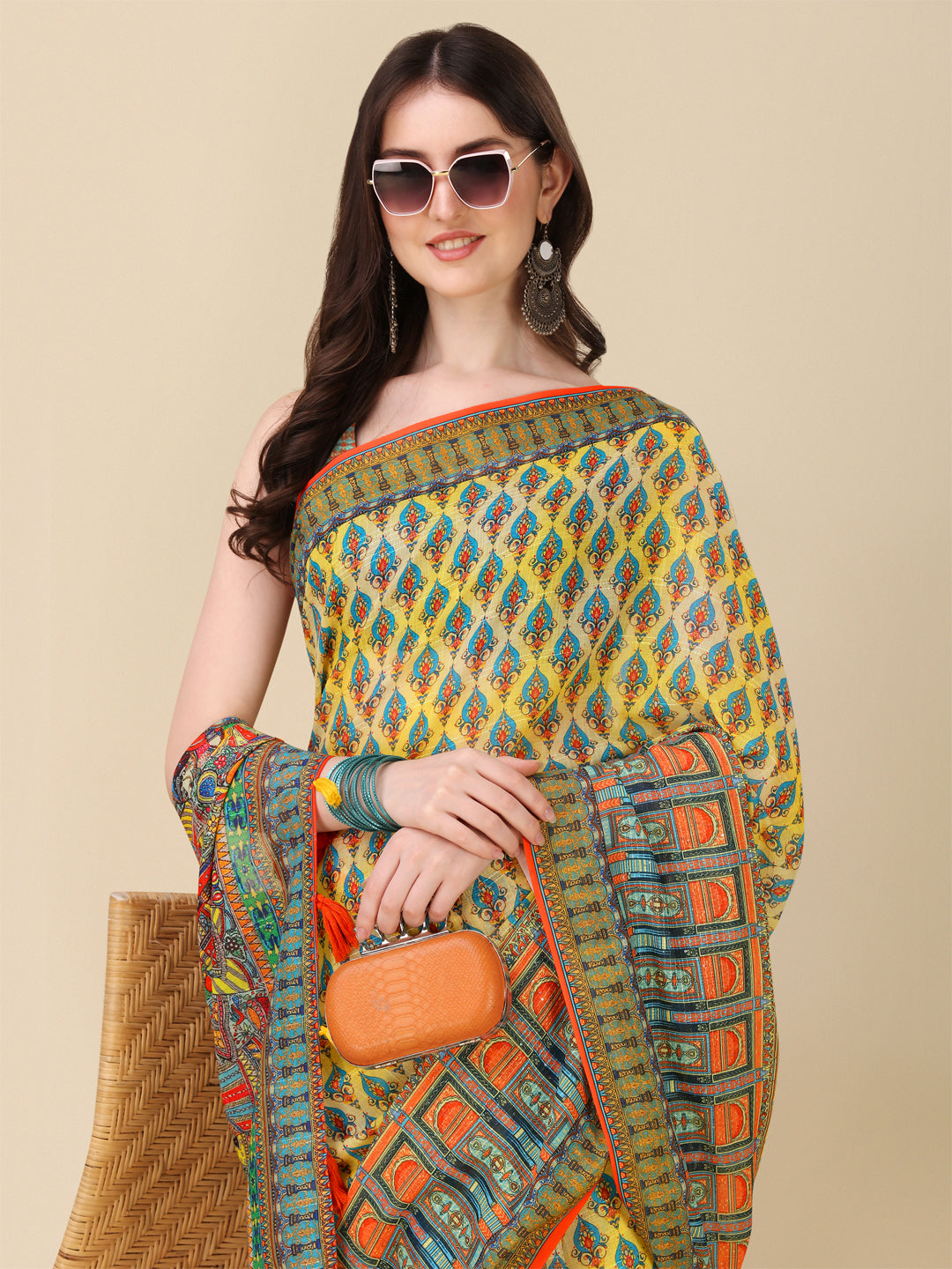 Designer Linen Saree with Digital Motif Print | Crochet & Tussle Work