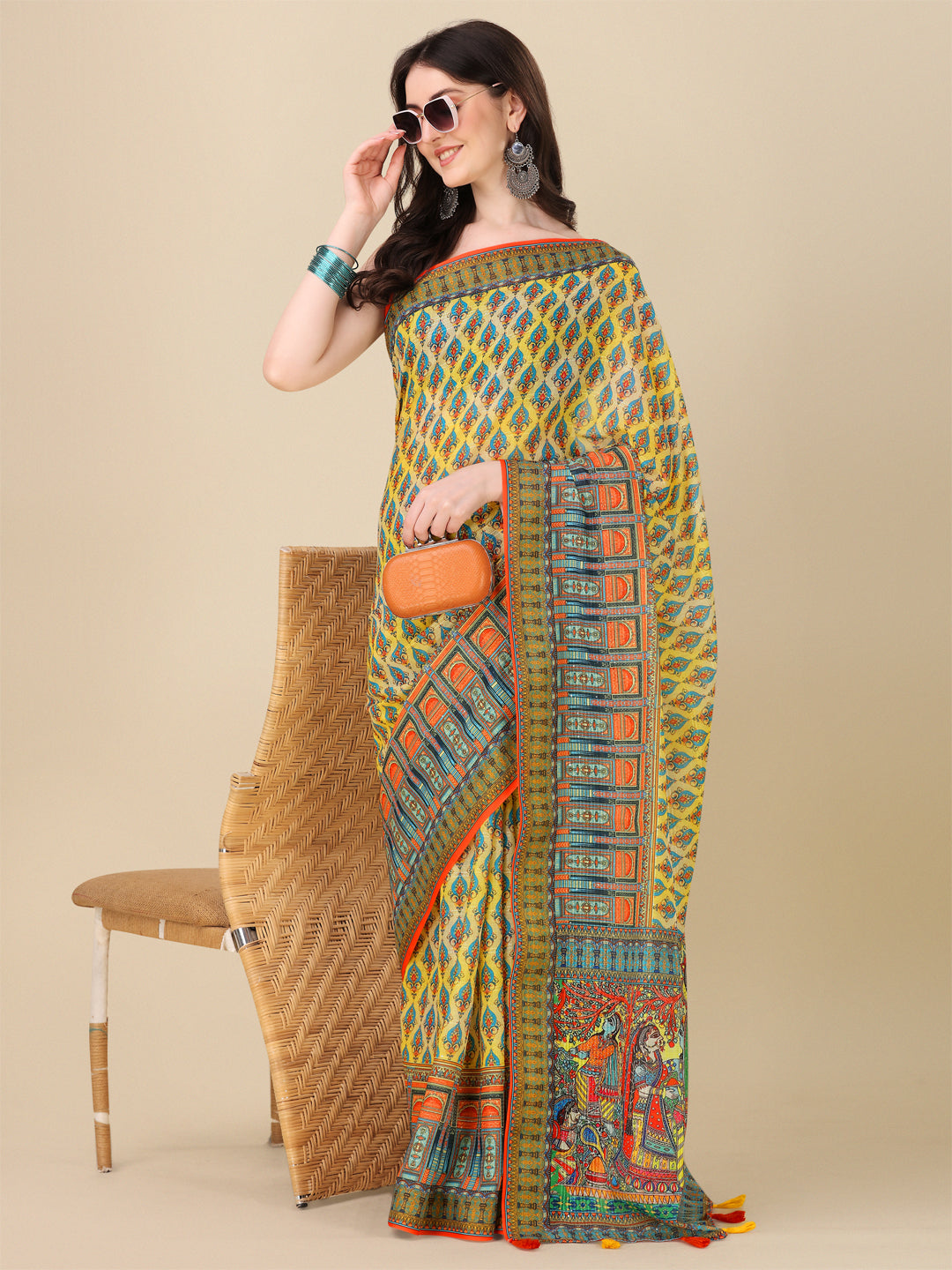 Designer Linen Saree with Digital Motif Print | Crochet & Tussle Work