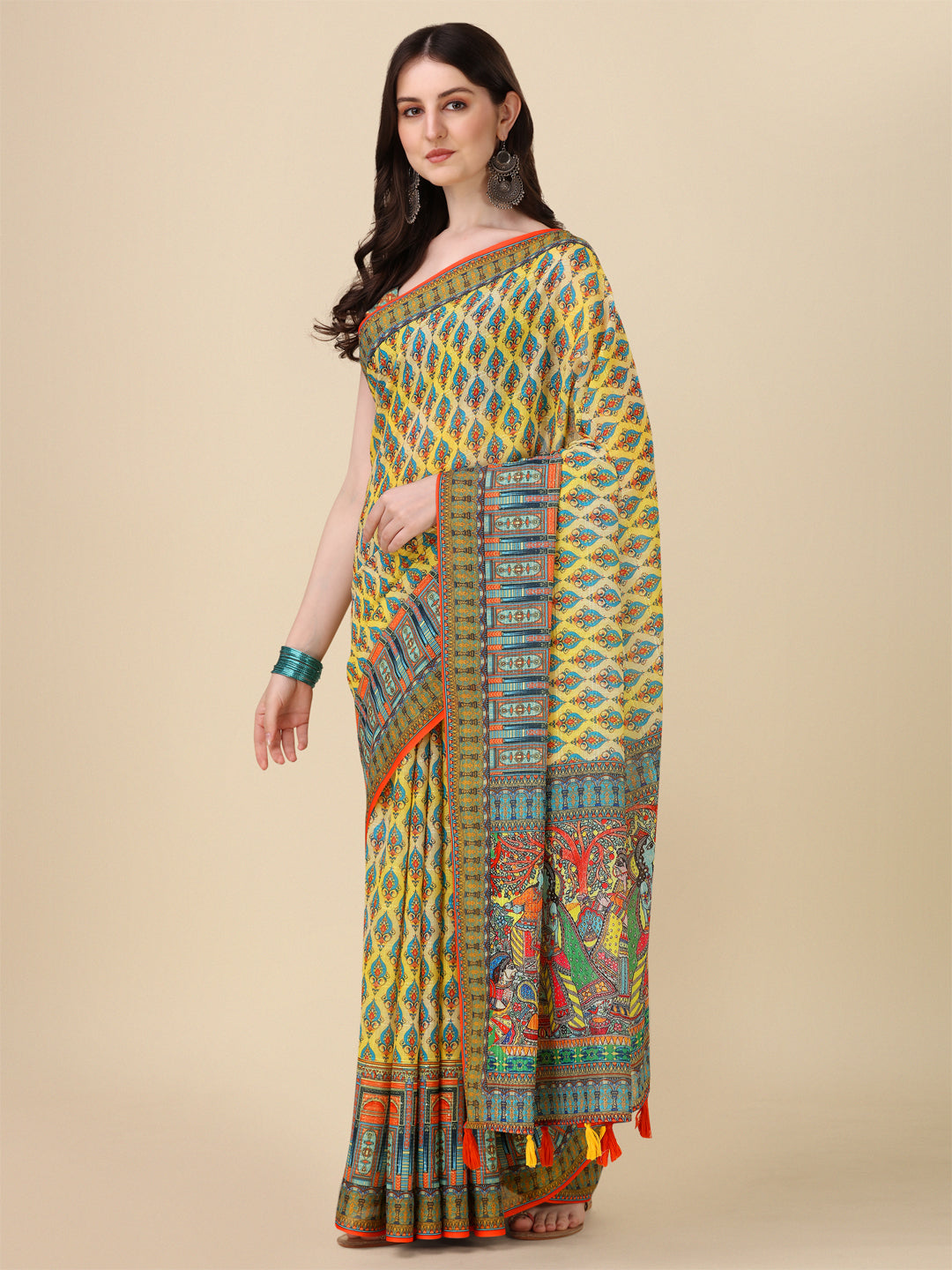 Designer Linen Saree with Digital Motif Print | Crochet & Tussle Work