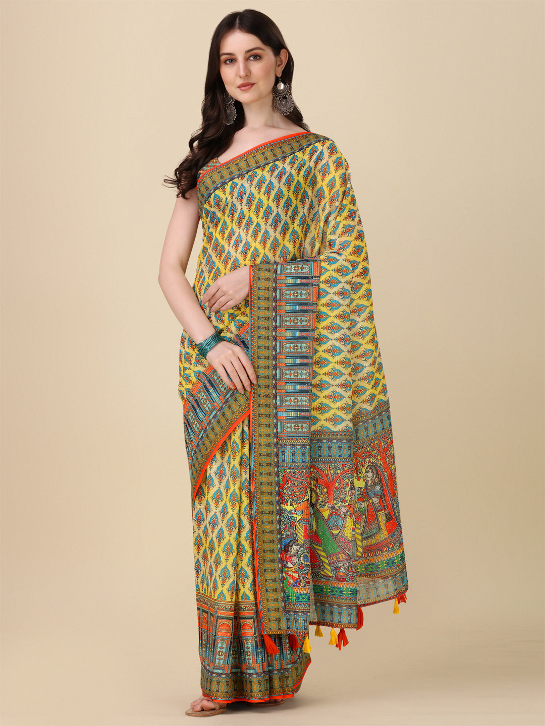 Designer Linen Saree with Digital Motif Print | Crochet & Tussle Work