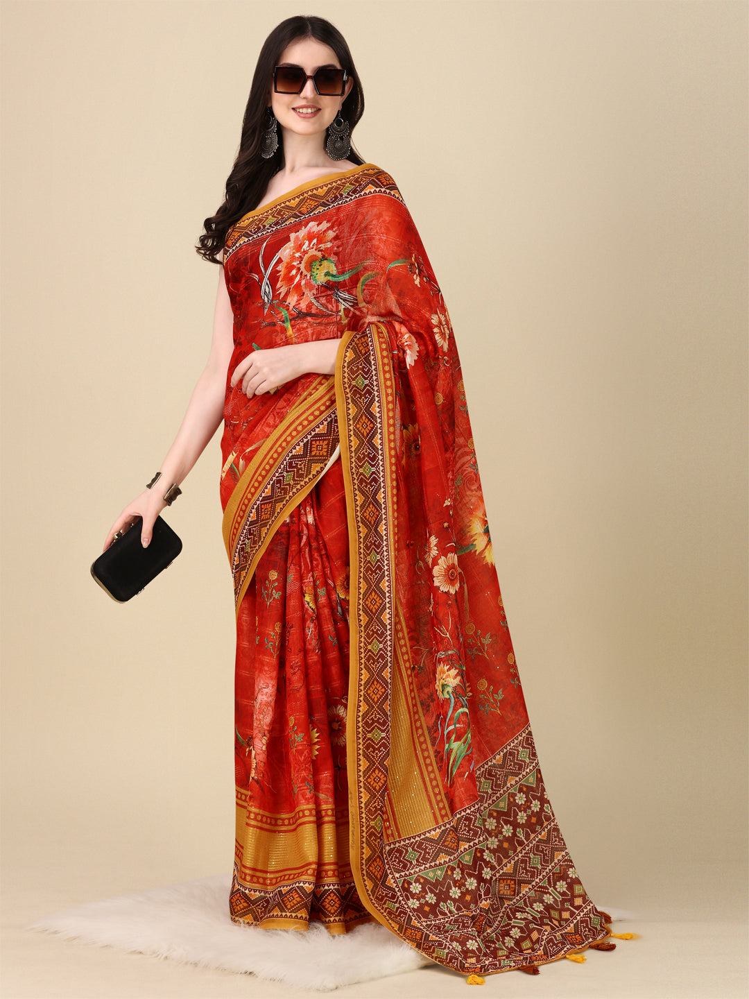 Designer Linen Saree with Digital Motif Print | Crochet & Tussle Work for Events