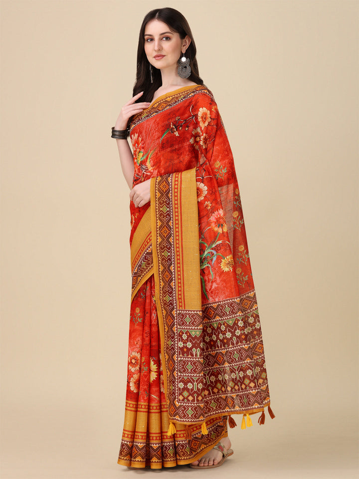 Designer Linen Saree with Digital Motif Print | Crochet & Tussle Work for Events