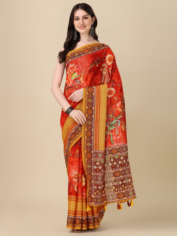 Designer Linen Saree with Digital Motif Print | Crochet & Tussle Work for Events