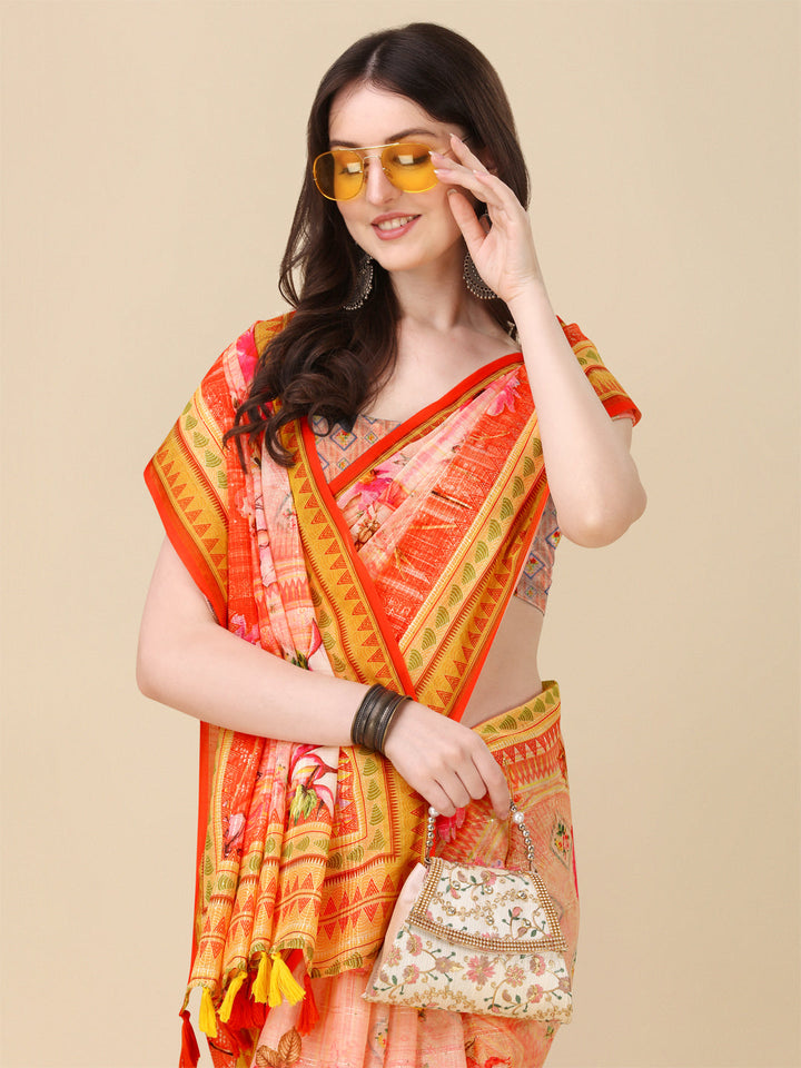 Designer Linen Saree with Digital Motif Print & Crochet Lining | Special Event