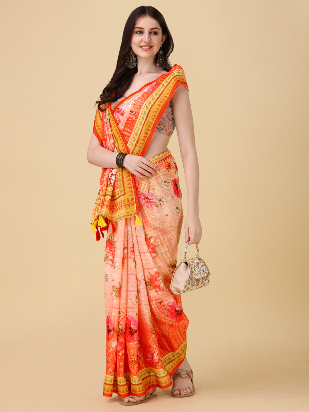 Designer Linen Saree with Digital Motif Print & Crochet Lining | Special Event